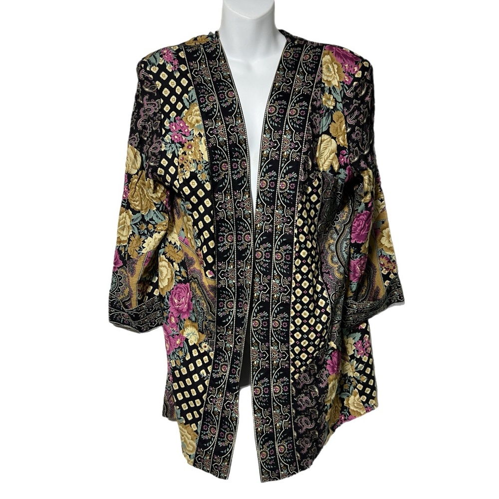 Vintage Lady Carol of New York Floral Boho Print Open Front Longline Cardigan M